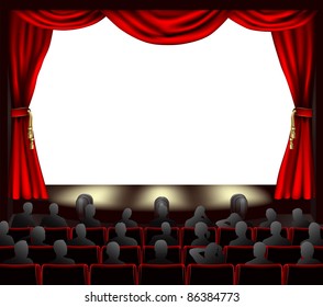 Cinema with curtains and audience. Space to place anything on stage.