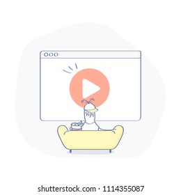 Cinema, cute cartoon character sitting and watching movie, film or clip on the big screen with play button and eating popcorn. Flat outline modern vector illustration concept.