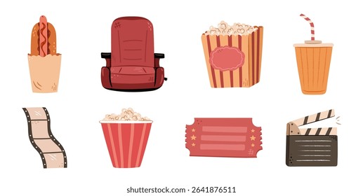 Cinema cute characters set. Vector movie theater icons or stickers collection. Isolated hot dog, seat and bucket with popcorn, paper cup with soda and film strip, ticket and clapper