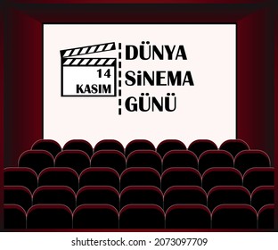 Ilustración vectorial del concepto de día del cine. Plantilla para fondo, cartel, afiche con inscripción de texto.(texto traducido: 14 de noviembre (día mundial del cine) 