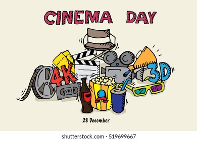 Cinema day. Flat vector colorful illustration. Isolated