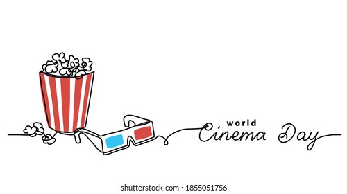 Cinema day vector illustration with popcorn bucket and 3d glasses. One line drawing art illustration with lettering world cinema day.