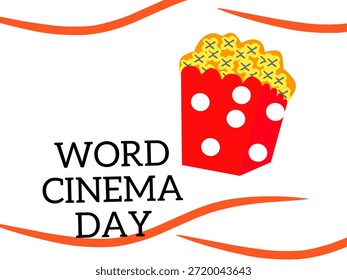 Ilustración vectorial de día de cine con cubo de palomitas de maíz y vasos 3D. Ilustración de arte de dibujo de una línea con letras del día mundial del cine.