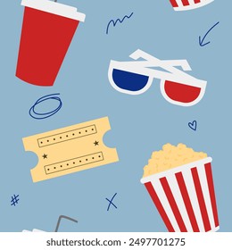 cinema decorations elements popcorn ticket 3d glasses seamless pattern background wallpapers 