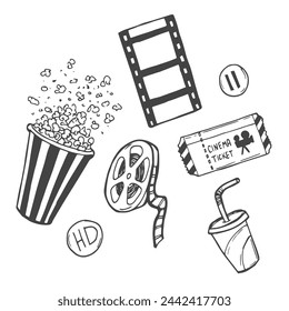 Cinema decorative symbols set, vector hand drawn.