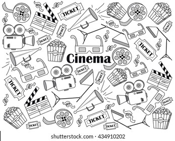 Cinema design colorless set vector illustration. Coloring book. Black and white line art