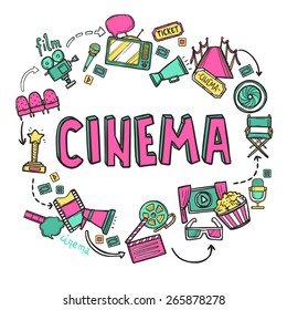 Cinema design concept with hand drawn movie art icons set vector illustration