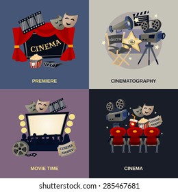 Cinema design concept set with cinematography movie premiere flat icons isolated vector illustration