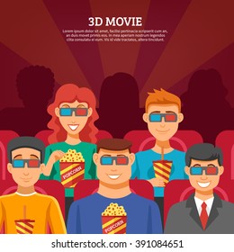 Cinema design concept with viewers watching 3d movie and eating popcorn flat vector illustration    