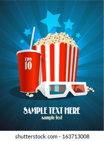 Cinema design template with popcorn box, cola and 3D glasses.