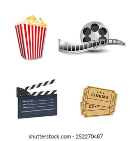 cinema; disposable cup for beverages with straw, film strip, clapper board and ticket. Cinema Poster Design Template. Detailed vector 