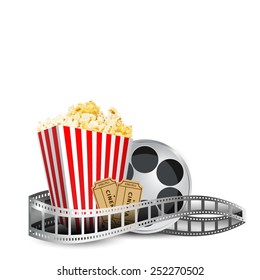 cinema; disposable cup for beverages with straw, film strip, clapper board and ticket. Cinema Poster Design Template. Detailed vector 