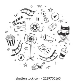 Doodle de cine, fondo de película. Película de dibujo a mano, diseño de elementos de cine. Cartón, palomitas de maíz, ilustración vectorial de doodle de cinta de película.