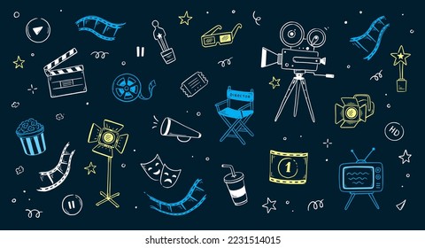 Cinema doodle, movie background. Hand drawn sketch film, cinema element design. Clapperboard, popcorn, film tape doodle vector illustration.