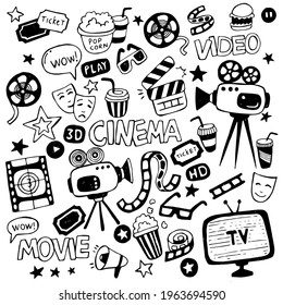 Cinema doodle set. Hand drawn doodle illustration. Cinema, video, movie camera, popcorn, television, film.