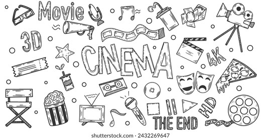 Cinema doodle sketched movie handdrawn vector symbols and icons.Isolated on white background.