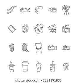Cinema in doodle style. Making movie, film, tv, video concept. Hand drawn vintage vector illustration