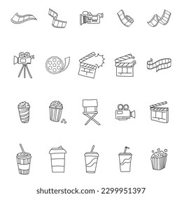 Cinema in doodle style. Making movie, film, tv, video concept. Hand drawn vintage vector illustration