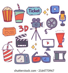 Cinema doodles set icon of hand drawn vector illustration