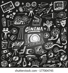 cinema doodles , set vector icons in sketch style