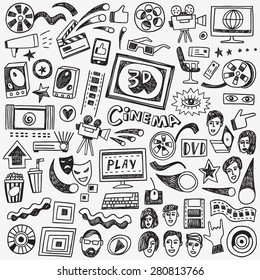 cinema doodles , set vector icons in sketch style