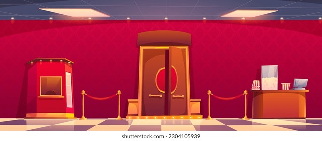 Cinema door entrance in hall interior cartoon vector illustration. Building industry lifestyle with movie, theater, popcorn and ticket. Cinematography leisure entertainment with fence near red wall.