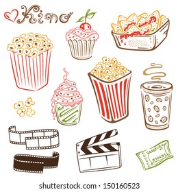 Cinema drink and Food. Popcorn, tacos, coffee and ice cream.