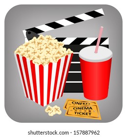 Cinema - drink, popcorn and tickets, vector illustration 