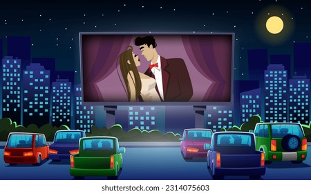 Cinema drive. Car movie theater. Auto night scene with video screen. Romantic film. Outdoor theatre. Outside love show. Couple dating. Open air evening event. Vector cartoon illustration