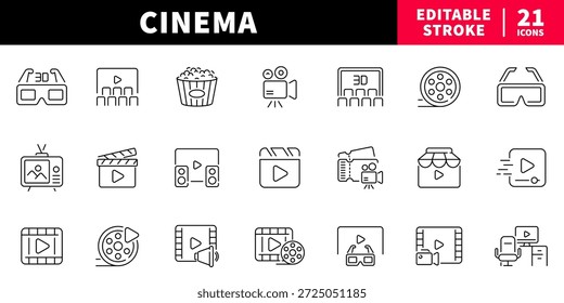 Conjunto de iconos de línea editables de cine. símbolos de película y película