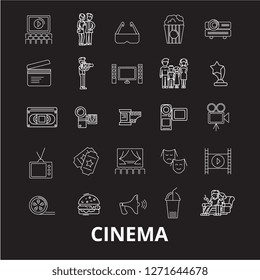 Cinema editable line icons vector set on black background. Cinema white outline illustrations, signs, symbols