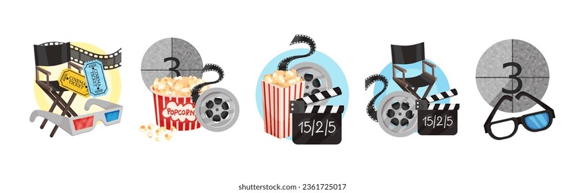 Cinema Elements with 3D Glasses, Clapperboard, Popcorn, Reel and Chair Vector Composition Set