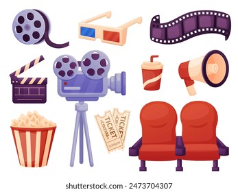 Cinema elements. 3d glasses pop corn bucket camera megaphone and drink. Movie making tools and technic. Film clapper red chairs nowaday vector set