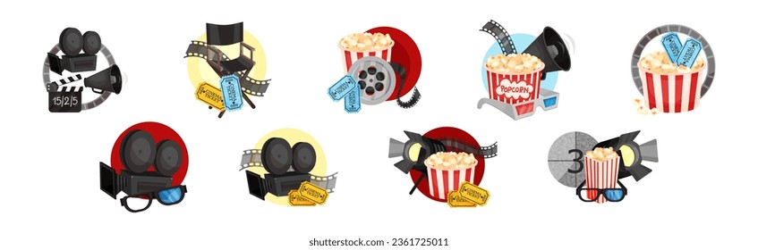 Cinema Elements with 3D Glasses, Popcorn, Megaphone and Camera Vector Composition Set