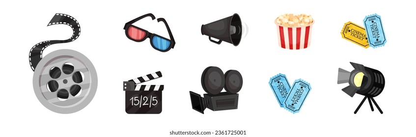 Cinema Elements with Clapperboard, 3d Glasses, Reel, Camera, Popcorn, Ticket and Megaphone Vector Set