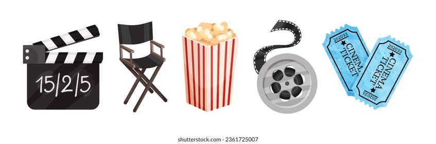 Cinema Elements with Clapperboard, Chair, Popcorn, Reel and Tickets Vector Set