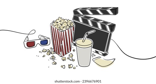 Cinema elements clipart line drawing with shape. Movie theater popcorn, filming cinema clapperboard. 3d glass, drink and movies premiere ticket cinematography. Vector illustration