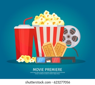 Cinema elements concept with soda drink popcorn filmstrip glasses and tickets on light background isolated vector illustration