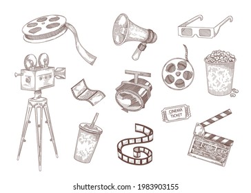 Cinema elements engraved illustrations set. Hand drawn sketch of popcorn, tape, camera, ticket, clapperboard isolated on white background. Entertainment, film festival, cinema, Hollywood concept