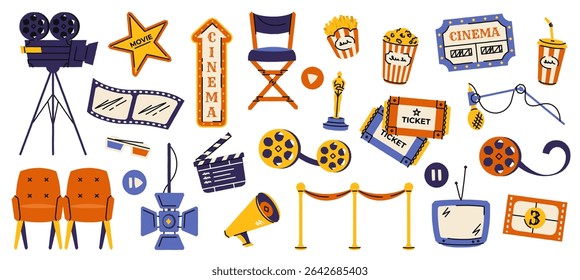 Elementos de cinema. Banner do festival de cinema com projetor de placa de clapper de rolo de filme, equipamento de cinematografia de desenho animado, ícones de cinema de TV de filme. Conjunto de vetores.