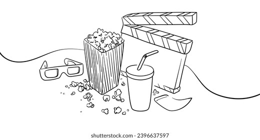 Cinema elements. Movie theater popcorn, filming cinema clapperboard. 3d glass, drink and movies premiere ticket cinematography. Vector illustration 