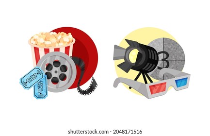 Cinema Elements with Popcorn Basket and 3D Glasses Vector Composition Set