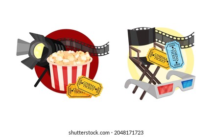 Cinema Elements with Popcorn Basket and 3D Glasses Vector Composition Set
