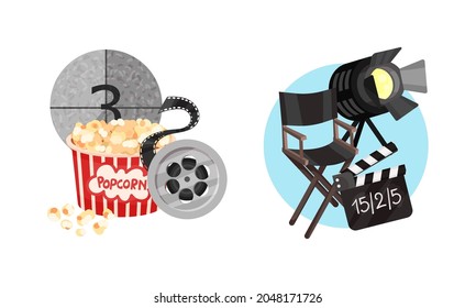 Elementos de cine con cesta de palomitas y conjunto de composición de vectores para presidente y director