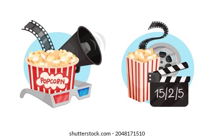 Cinema Elements with Popcorn Basket and Megaphone Vector Composition Set