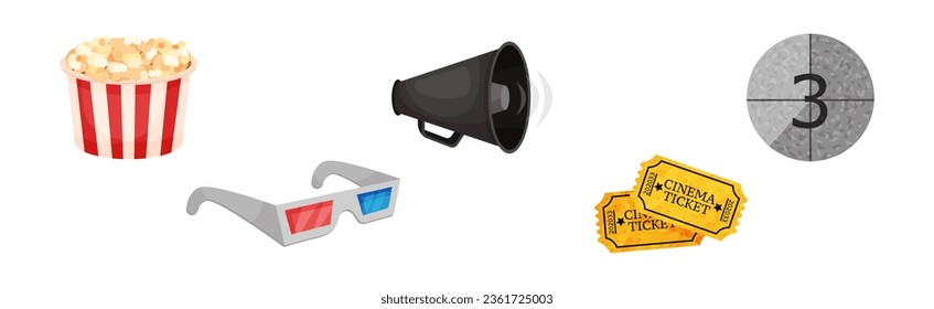 Cinema Elements with Popcorn, Megaphone, 3D Glasses and Tickets Vector Set