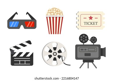 Cinema elements set. collection for websites isolated on blue background. illustration vector.