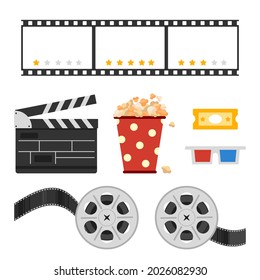 Cinema elements set. Movie maker concept with black and white clapperboard, film reels, popcorn, 3d glasses, ticket isolated on white. For your business film production and show industry