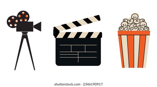 Cinema elements set. Popcorn bucket, clapperboard, video camera. Vector illustration for cinema theater, film, show, movie making concept isolated on background