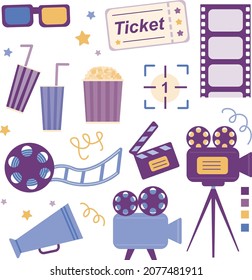 Cinema elements set. Tickets, popcorn bucket, 3D glasses, clapperboard, montage tape, video camera. Vector illustration for cinema theater, film industry, show, movie